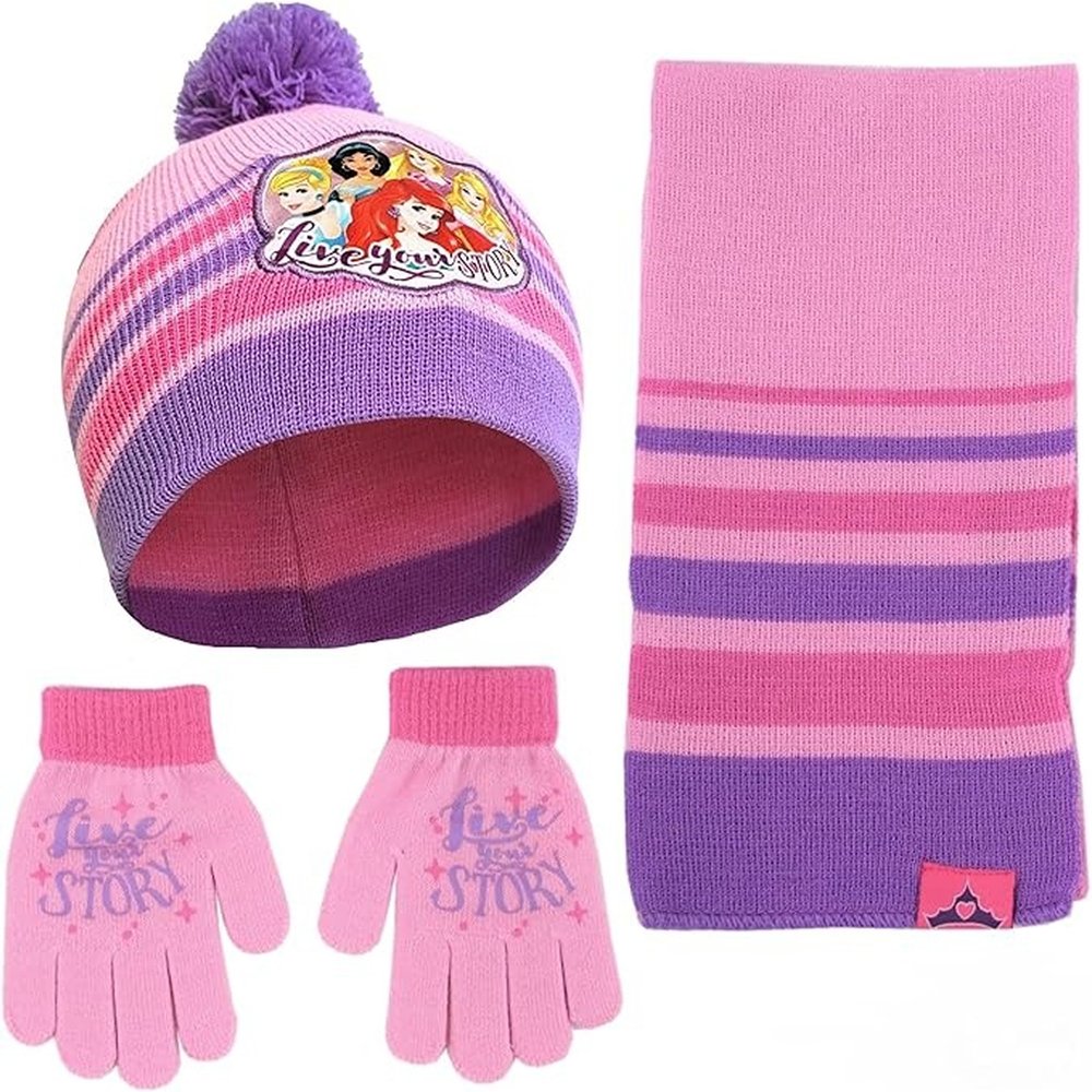 Disney Girls Princess Winter Hat, Scarf, & Kids Gloves Set For Ages 4-7, Pink/Purple