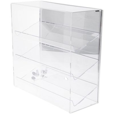 Plymor Clear Acrylic Locking Display Case with Sliding Back, 3 Angled Shelves (Mirrored), 16.25" H x 16.25" W x 7" D