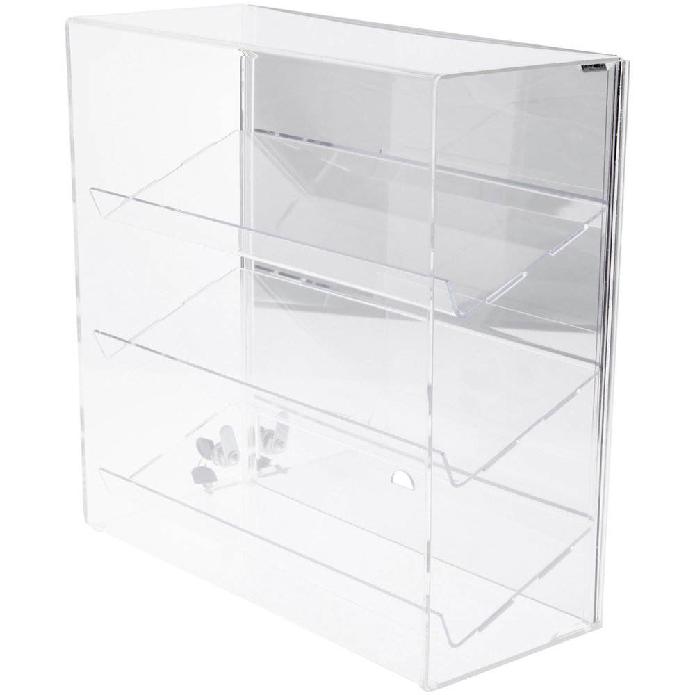 Plymor Clear Acrylic Locking Display Case with Sliding Back, 3 Angled Shelves (Mirrored), 16.25" H x 16.25" W x 7" D