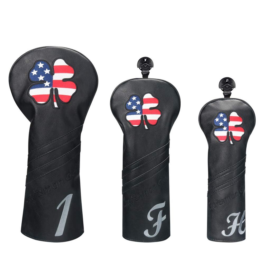 Craftsman Golf USA US Flag Clover Leather Black Driver Fairway Wood Rescue Hybrid Cover Headcover (3pcs(1,F,H))