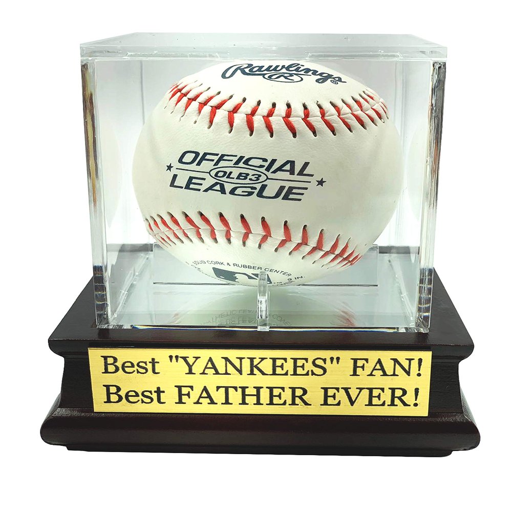 DECOMIL - UV Single Baseball Display Case, Holder - UV Protection Acrylic Cube with Wooden Stand Cherry Finish Customize