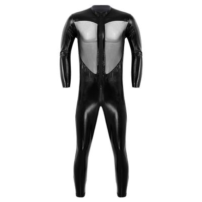 Agoky Men's Metallic Long Sleeve Mesh Splice Wrestling Singlet Zentai Bodysuit Unitard Catsuit Black Medium
