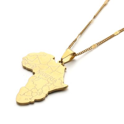 Africa Map with Nigeria Pendant Necklaces Gold Color Jewelry for Women Men African Maps Charm Jewellery (Gold)