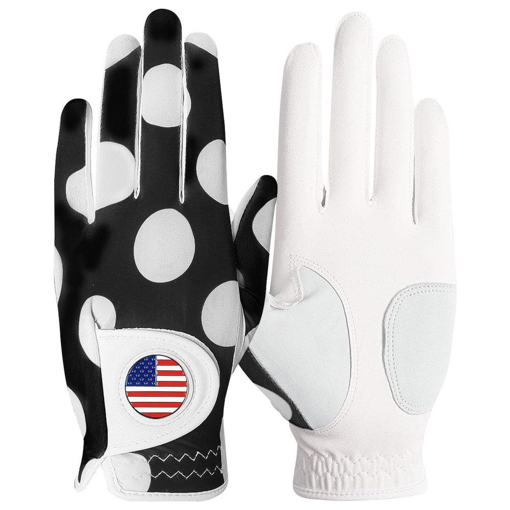 Amy Sport Womens Golf Glove with Ball Marker Rain Left Right Hand Leather Printed Pack, Ladies Golf Gloves All Weather Grip Breathable Soft Size Small Medium Large XL (Mod Dot, XL-Worn on Left Hand)