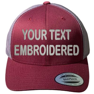 Custom Trucker Hat YP 6606 Embroidered Your Own Text Curved Bill Snapback (Maroon/Grey)