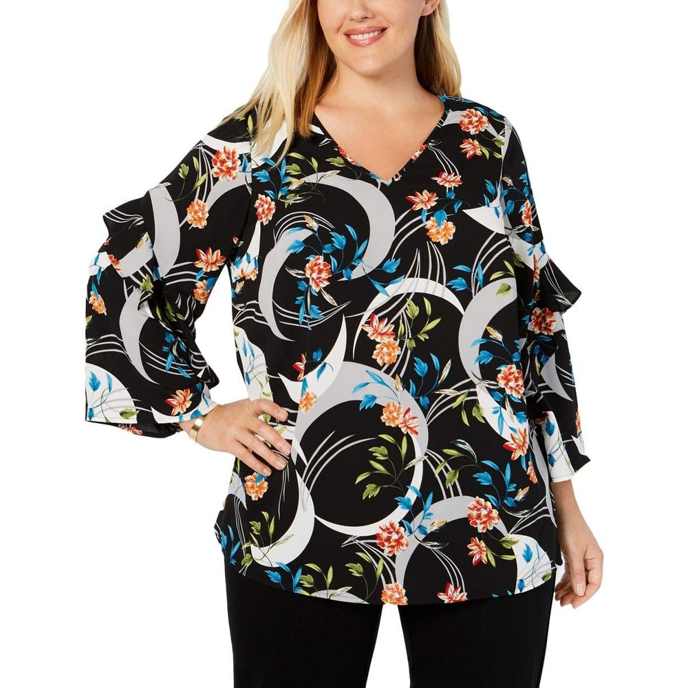 Alfani Womens Plus Modern Spice Floral Print Ruffles Blouse Black 0X