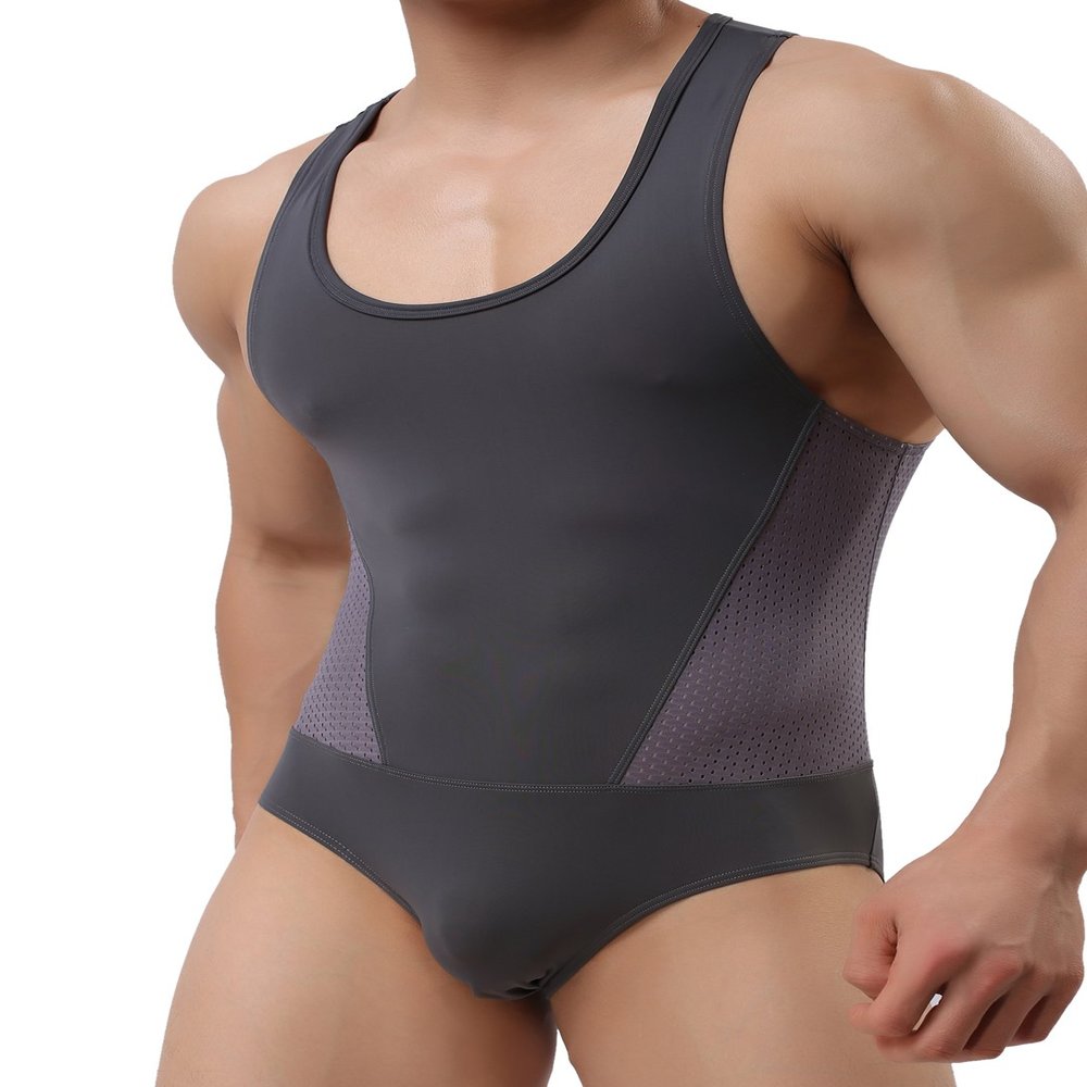 BRAVE PERSON Men's Figure-shape Bodysuits Elastic Workout Clothes Swimwear, Fitness, Cycling 2241 (XL / 33"-38'', Gray)