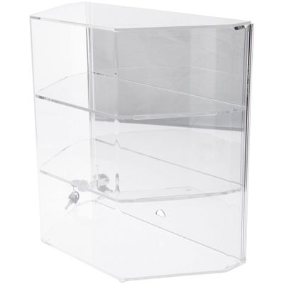 Plymor Clear Acrylic Locking Display Case with Angled Sides and Sliding Back, 2 Shelves (Mirrored), 16.5" H x 16.5" W x 8.5" D