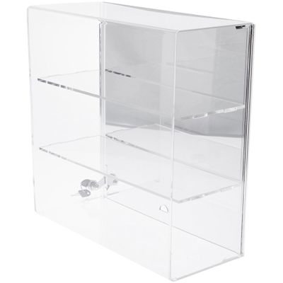 Plymor Clear Acrylic Locking Display Case with Sliding Back, 2 Shelves (Mirrored), 16.5" H x 16.25" W x 7" D