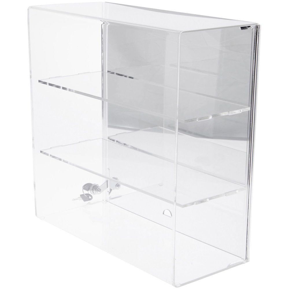 Plymor Clear Acrylic Locking Display Case with Sliding Back, 2 Shelves (Mirrored), 16.5" H x 16.25" W x 7" D