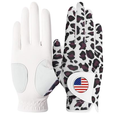 Amy Sport Womens Golf Glove with Ball Marker Left Right Hand Ladies Golf Gloves All Weather Grip Breathable Size XS S M L XL (Leopard, Medium-Worn on Right Hand)