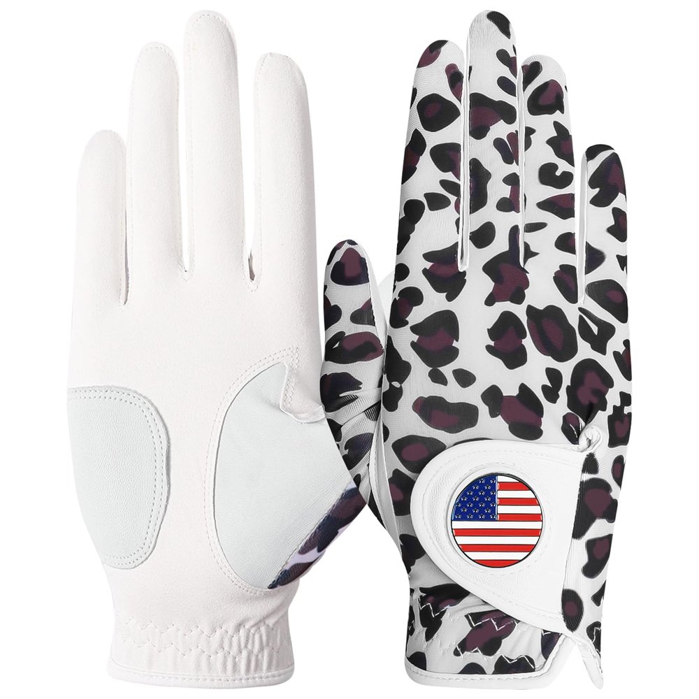 Amy Sport Womens Golf Glove with Ball Marker Left Right Hand Ladies Golf Gloves All Weather Grip Breathable Size XS S M L XL (Leopard, Medium-Worn on Right Hand)
