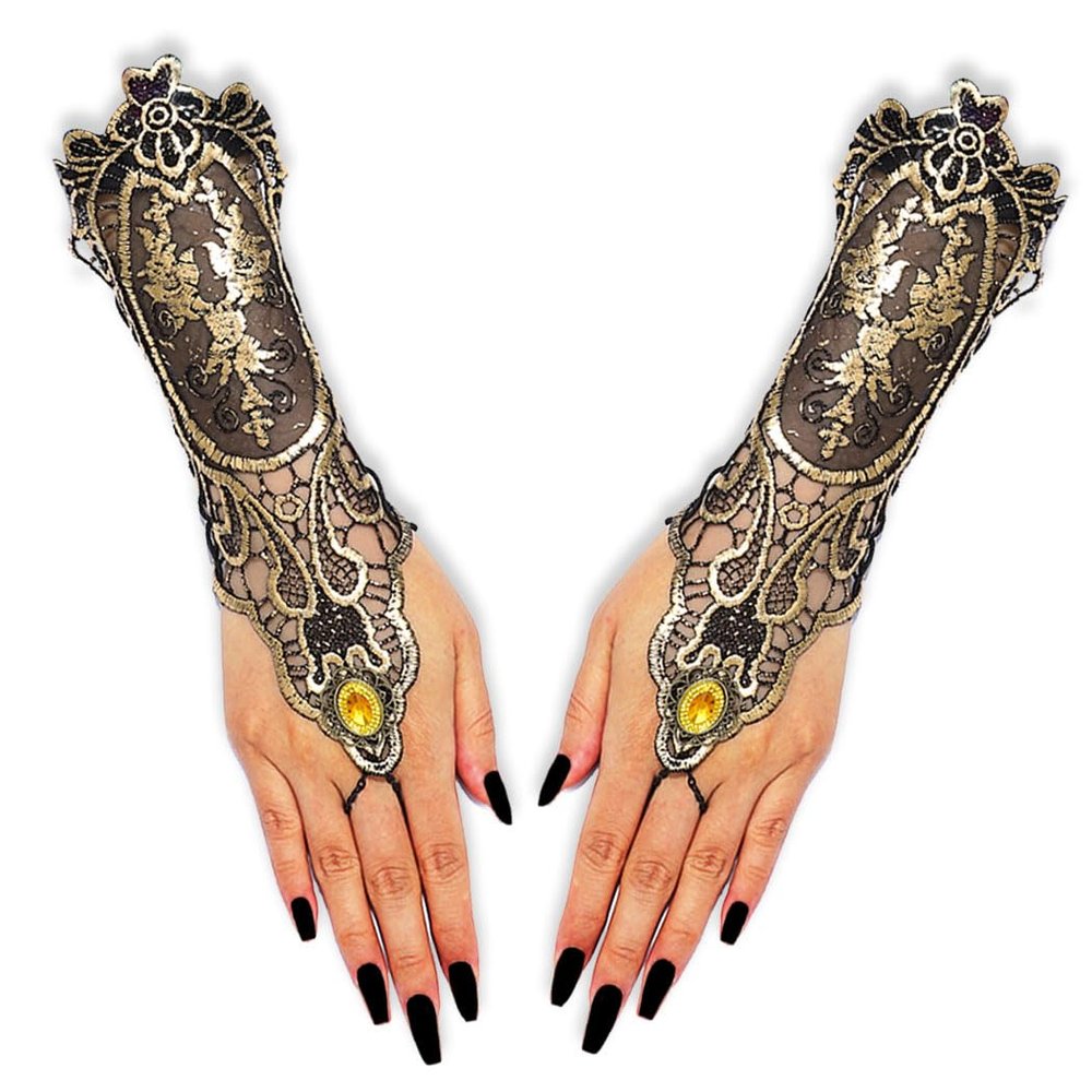 Asooll Golden Steampunk Lace Fingerless Gloves Long 1920s Renaissance Witch Glove Party Costmue for Women
