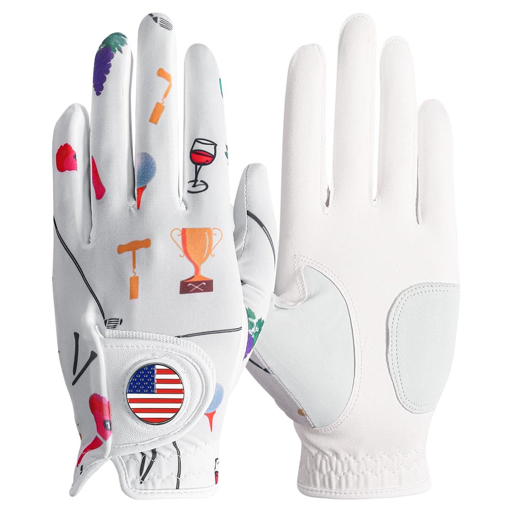 Amy Sport Womens Golf Glove with Ball Marker Left Right Hand Ladies Golf Gloves All Weather Grip Breathable Size XS S M L XL (Wine&Golf, Large-Worn on Left Hand)
