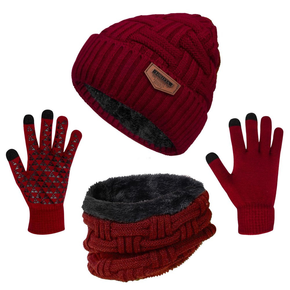 3-Pieces Winter Beanie Hat Scarf and Touch Screen Gloves Set Warm Knit Skull Cap for Men Women, Wine Red(Hat Scarf Gloves)