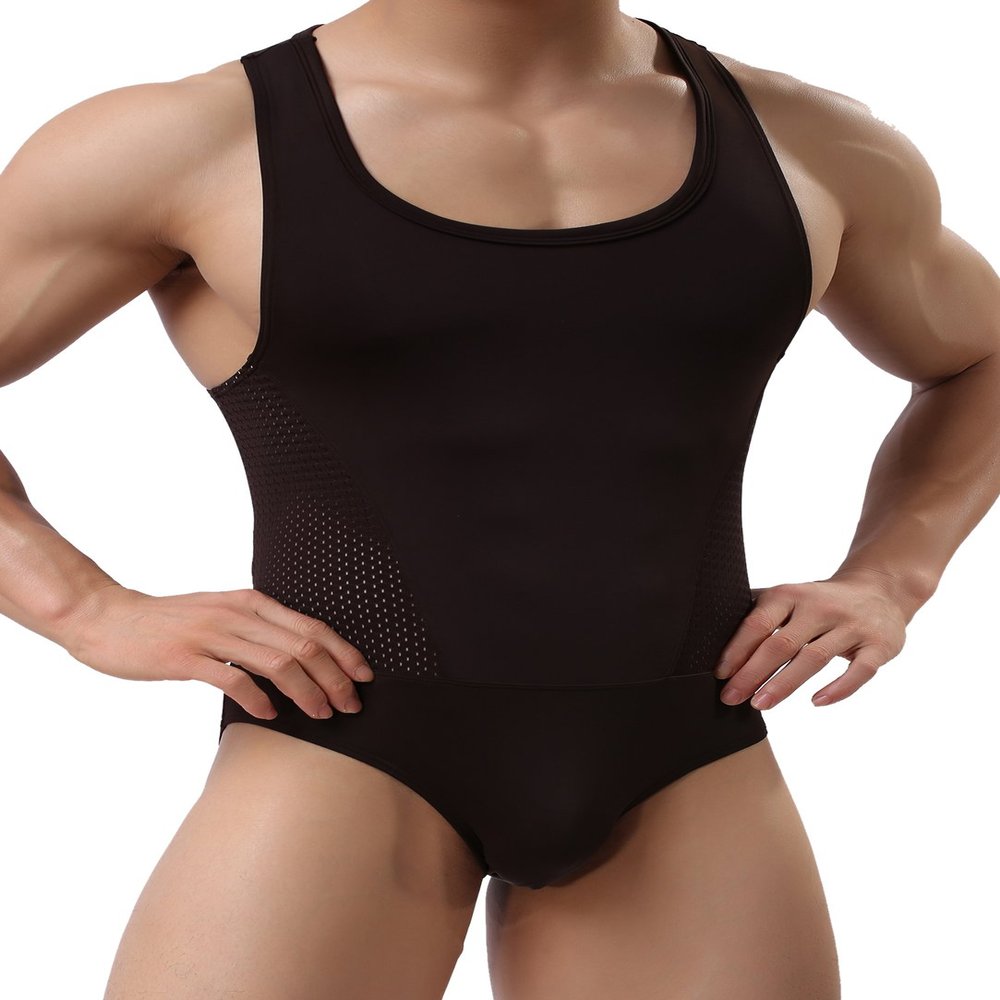 BRAVE PERSON Men's Figure-Shape Bodysuits Elastic Workout Clothes Swimwear, Fitness, Cycling 2241 (XL / 33"-38'', Coffee)