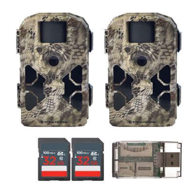 Stealth Cam 2020 G42NG 24MP Trail Cameras (2-Pack) and Memory Cards Bundle. No-Glow Flash, 100-Ft. IR Range, Kryptek Camo, HD Video (5 Items)
