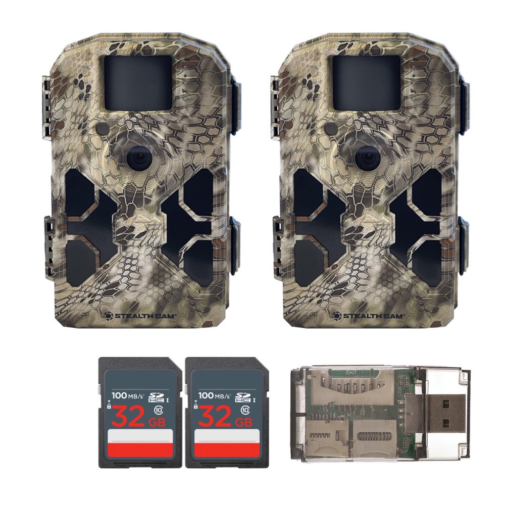 Stealth Cam 2020 G42NG 24MP Trail Cameras (2-Pack) and Memory Cards Bundle. No-Glow Flash, 100-Ft. IR Range, Kryptek Camo, HD Video (5 Items)