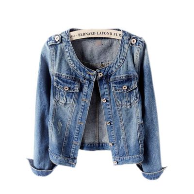 Ewindy Denim Jackets Women Retro Collarless Long Sleeve Short Crop Jeans Coat, Blue, XX-Large
