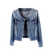 Ewindy Denim Jackets Women Retro Collarless Long Sleeve Short Crop Jeans Coat, Blue, XX-Large view 2