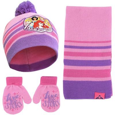 Disney Girls Princess Toddler Girls Hat, Scarf and Mittens Set For Age 2-4, Pink/Purple