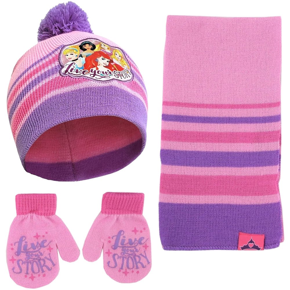 Disney Girls Princess Toddler Girls Hat, Scarf and Mittens Set For Age 2-4, Pink/Purple