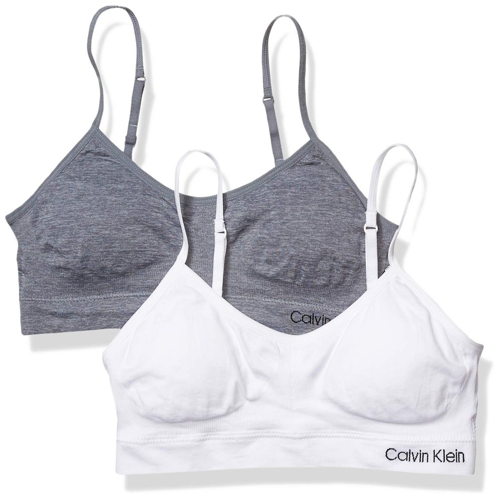 Calvin Klein Kids Girls' Seamless Wirefree Comfort Bralette Bra 2-Pack, White/Heather Grey, X-Large