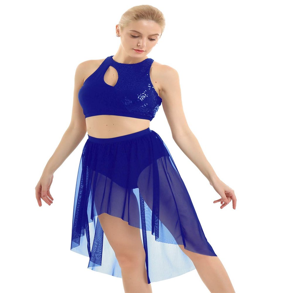 ACSUSS Women Girls Lyrical Dance 2pcs Outfit Sequins Cutout Crop Top with Asymmestric Skirted Bottoms Royal Blue Large