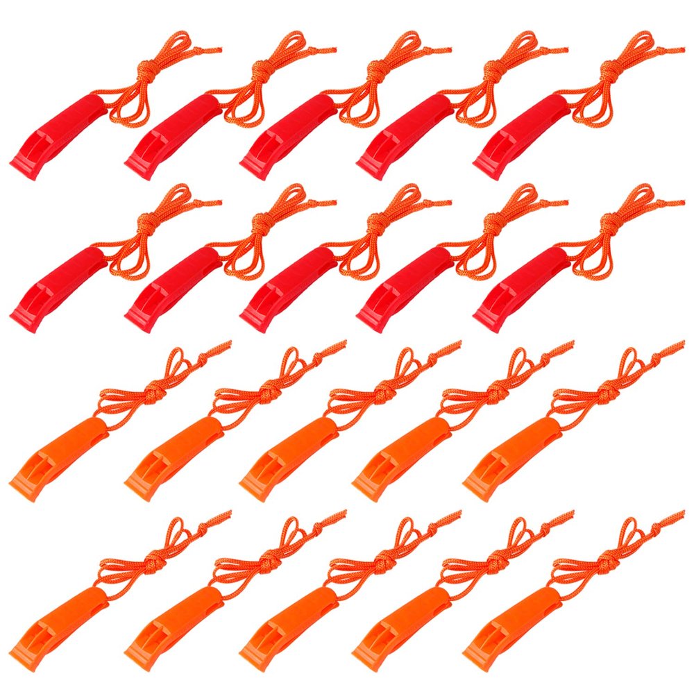 AUGSUN 20 Pcs Emergency Safety Whistle Plastic Whistles Set with Lanyard,Red and Orange