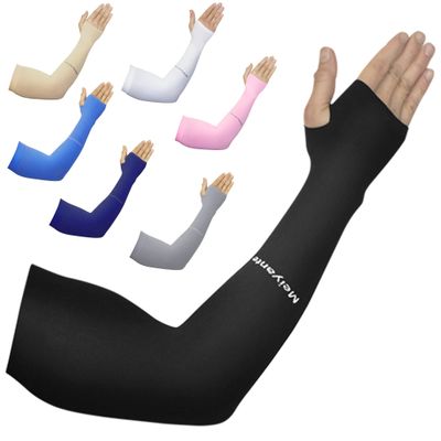 Meiyante Cooling Arm Sleeves with Thumb Holes - UPF 50+ Sun Protection & Tattoo Cover Up - Seamless Non-Slip Compression for Men & Women - Premium Made in Taiwan Quality (1 Pair, Black)
