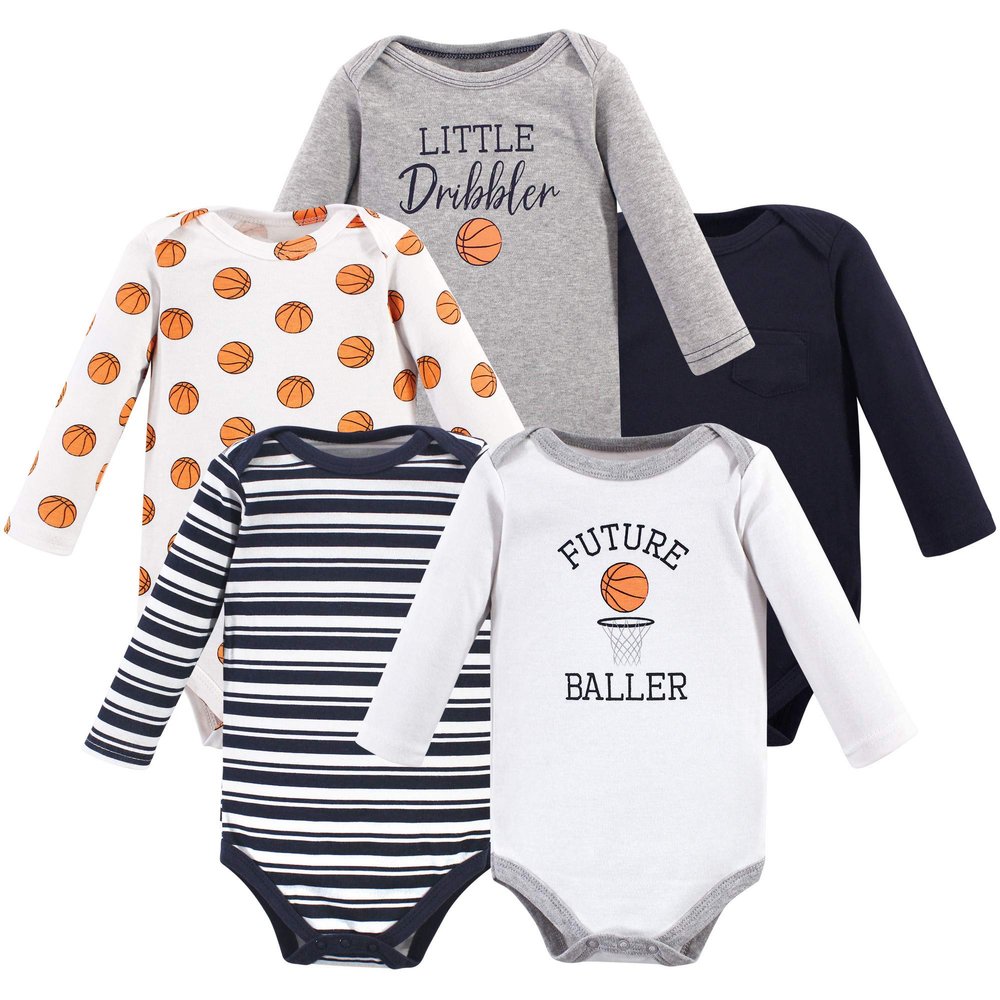 Hudson Baby Unisex Baby Cotton Long-sleeve Bodysuits, Basketball, 6-9 Months US