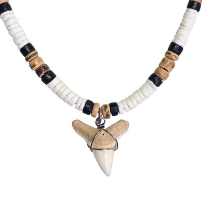 BlueRica Shark Tooth on Puka & Tiger Brown Coconut Shell Beads Necklace (18" 3L)