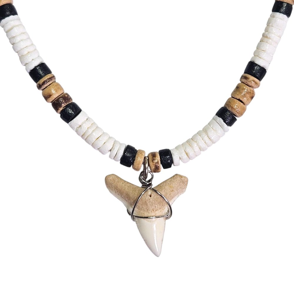 BlueRica Shark Tooth on Puka & Tiger Brown Coconut Shell Beads Necklace (18" 3L)