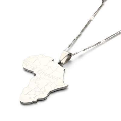 Africa Map with Ghana Pendant Necklaces Jewelry for Women Men Trendy African Maps Charm Jewellery (Silver)