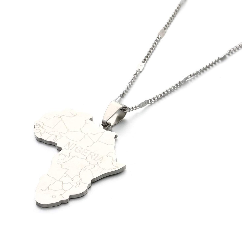Africa Map with Nigeria Pendant Necklaces Gold Color Jewelry for Women Men African Maps Charm Jewellery (Silver)