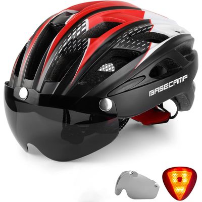 Bike Helmet, Basecamp Bicycle Helmet with Rear Light & Detachable Magnetic Goggles Lightweight Cycling Helmet Adjustable for Adult Men Women Mountain & Road (BC-069)