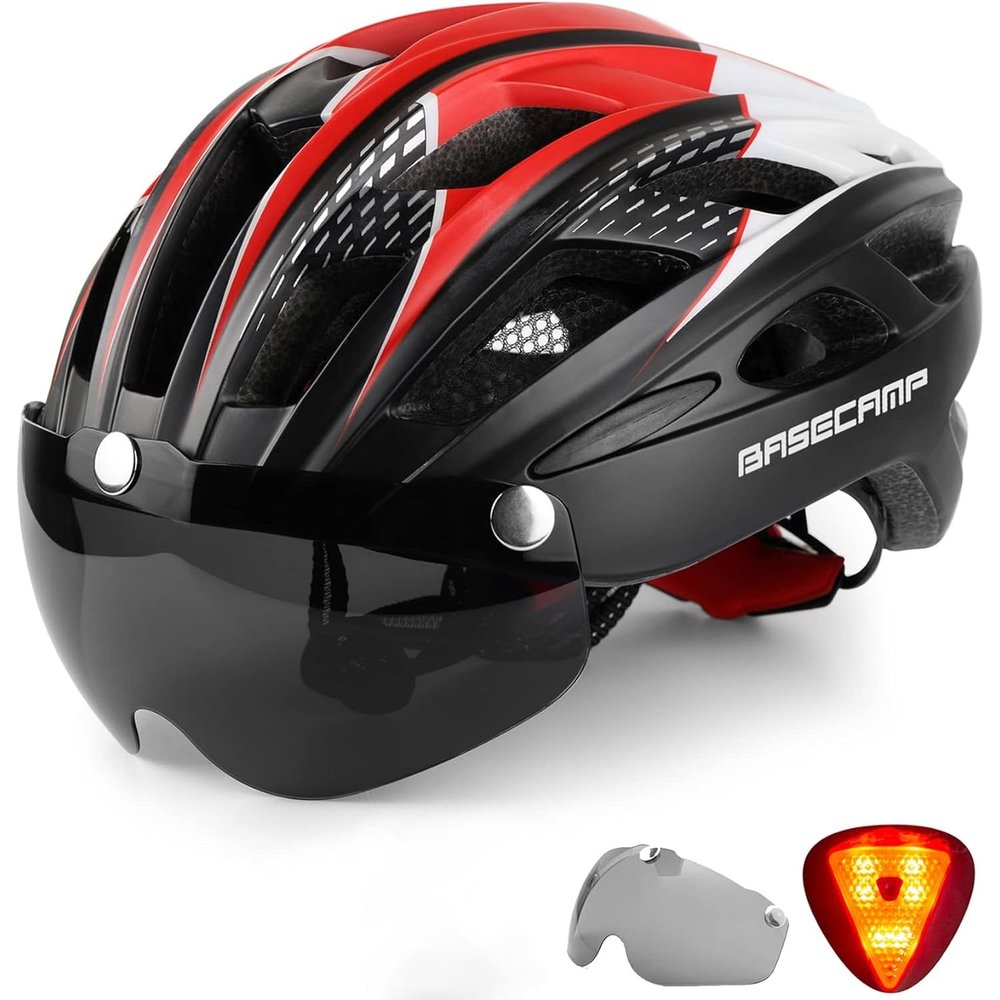 Bike Helmet, Basecamp Bicycle Helmet with Rear Light & Detachable Magnetic Goggles Lightweight Cycling Helmet Adjustable for Adult Men Women Mountain & Road (BC-069)