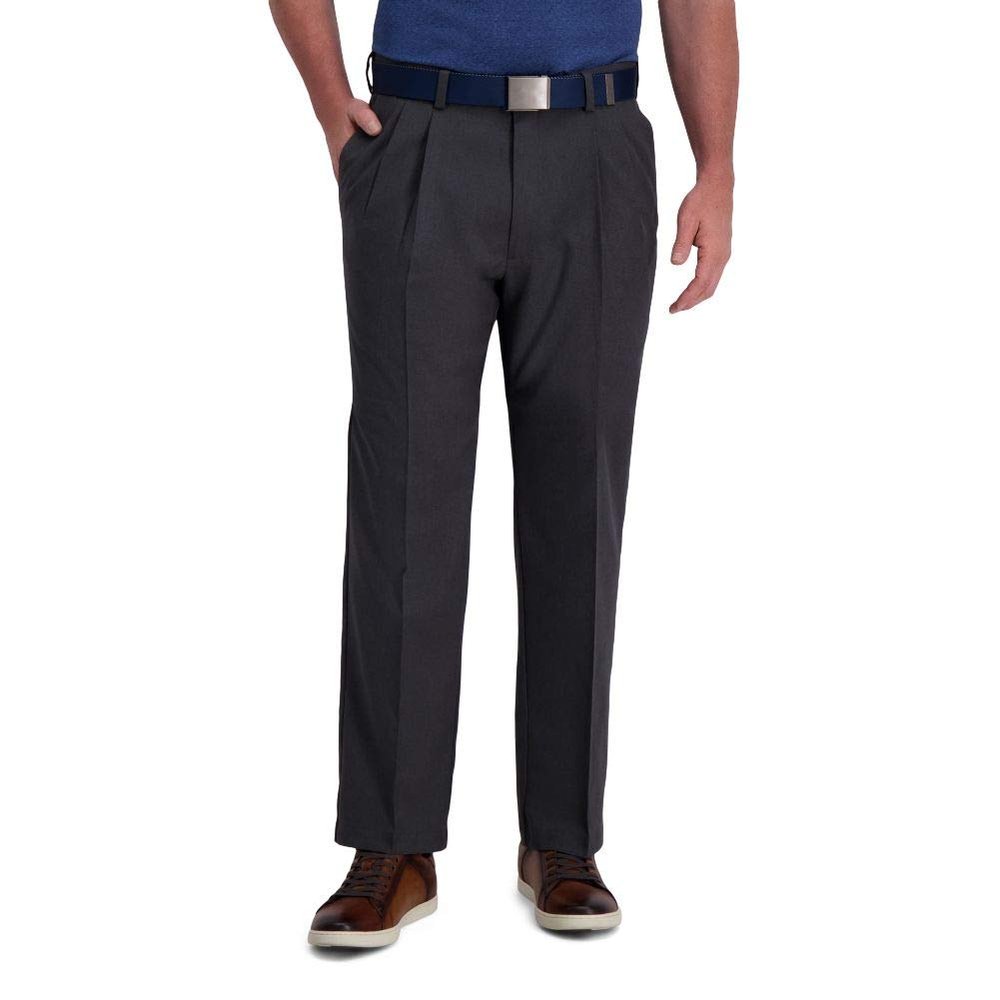 Haggar Men's Cool Right Performance Flex Classic Fit Pleat Front Pant-Reg. and Big & Tall Sizes, Dark Grey, 32W x 30L