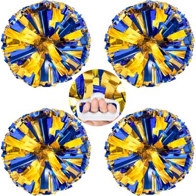 AUHOKY 4 Packs Metallic Cheerleading Cheer Pom Poms, Fluffy Cheerleader Pompoms with Finger-Friendly Ring, Cheering Pom poms for Squad Team Sports Game Dance Dress Party Kids Adults(Blue/Gold)