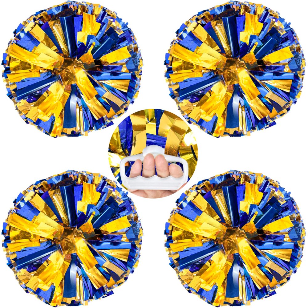 AUHOKY 4 Packs Metallic Cheerleading Cheer Pom Poms, Fluffy Cheerleader Pompoms with Finger-Friendly Ring, Cheering Pom poms for Squad Team Sports Game Dance Dress Party Kids Adults(Blue/Gold)