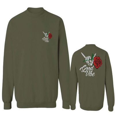 0184. dope Streetwear Graphic Good Vibe Red Rose Flowers Bones Hand Shaka Men's Crewneck Sweatshirt (Olive, Medium)