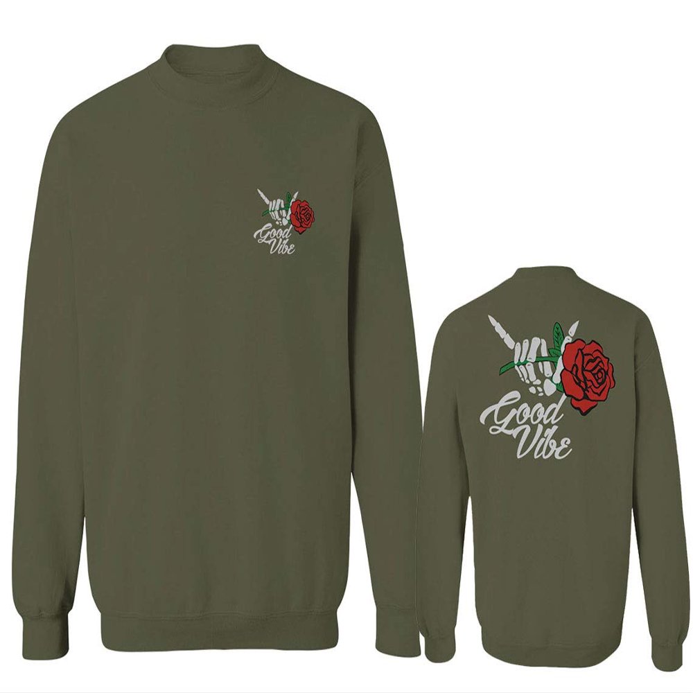 0184. dope Streetwear Graphic Good Vibe Red Rose Flowers Bones Hand Shaka Men's Crewneck Sweatshirt (Olive, Medium)