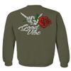 0184. dope Streetwear Graphic Good Vibe Red Rose Flowers Bones Hand Shaka Men's Crewneck Sweatshirt (Olive, Medium) view 3