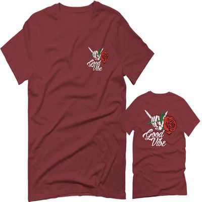 0184. dope Streetwear Graphic Good Vibe Red Rose Flowers Bones Hand Shaka for Men T Shirt (Maroon, 2X Largel)