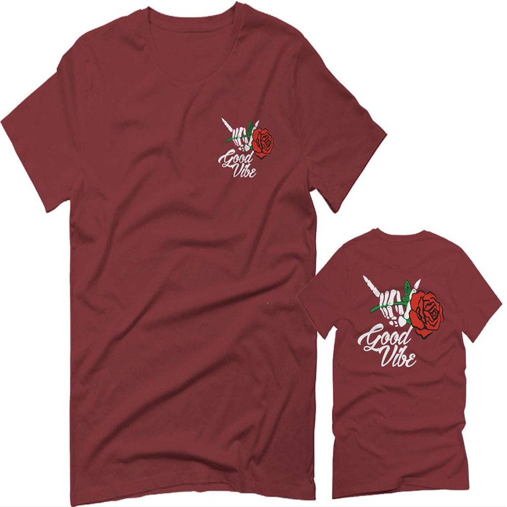 0184. dope Streetwear Graphic Good Vibe Red Rose Flowers Bones Hand Shaka for Men T Shirt (Maroon, 2X Largel)