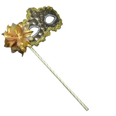 AZYOUNG Women's Masquerade Masks Side Feather Flower Petal Hand Held Lace Mask with Stick,(Gold)