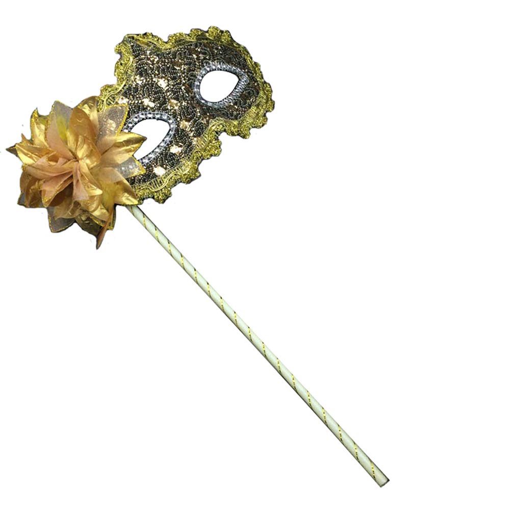AZYOUNG Women's Masquerade Masks Side Feather Flower Petal Hand Held Lace Mask with Stick,(Gold)