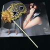 AZYOUNG Women's Masquerade Masks Side Feather Flower Petal Hand Held Lace Mask with Stick,(Gold) view 2