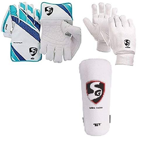 SG Combo of Three one Pair of 'Club' Cricket Wicket Keeping Gloves and one Pair of 'League' Inner Gloves (Men's) with SG Test Elbow Pad Cricket Kit