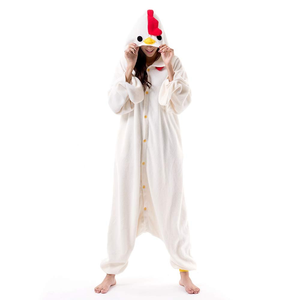 Beauty Shine Unisex Adult Onesie One Piece Pajamas Cosplay Cartoon Costume Halloween Christmas Sleepwear Jumpsuit Homewear(White Chicken, Medium)